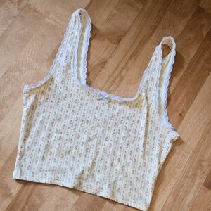 Floral Stripe Cropped Tank Top - Pale Yellow with Pink Roses